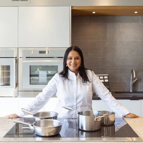 Chef Teena ready to cook in a home kitchen