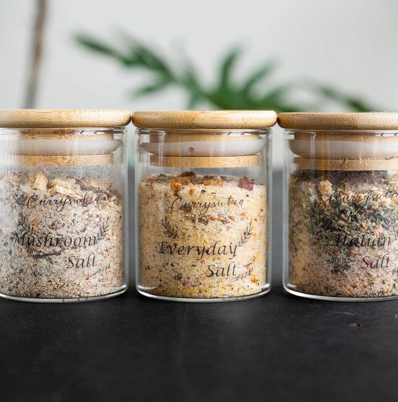Currysutra branded salt blend jars - Mushroom, Everyday, and Italian Salt